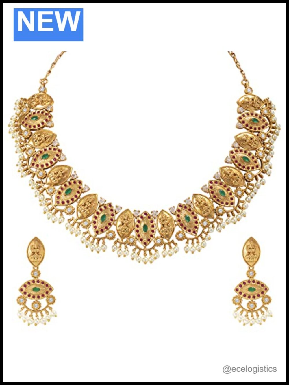 Handcrafted Indian Choker Necklace Earrings Set Rhinestone Crystal Faux Pearl